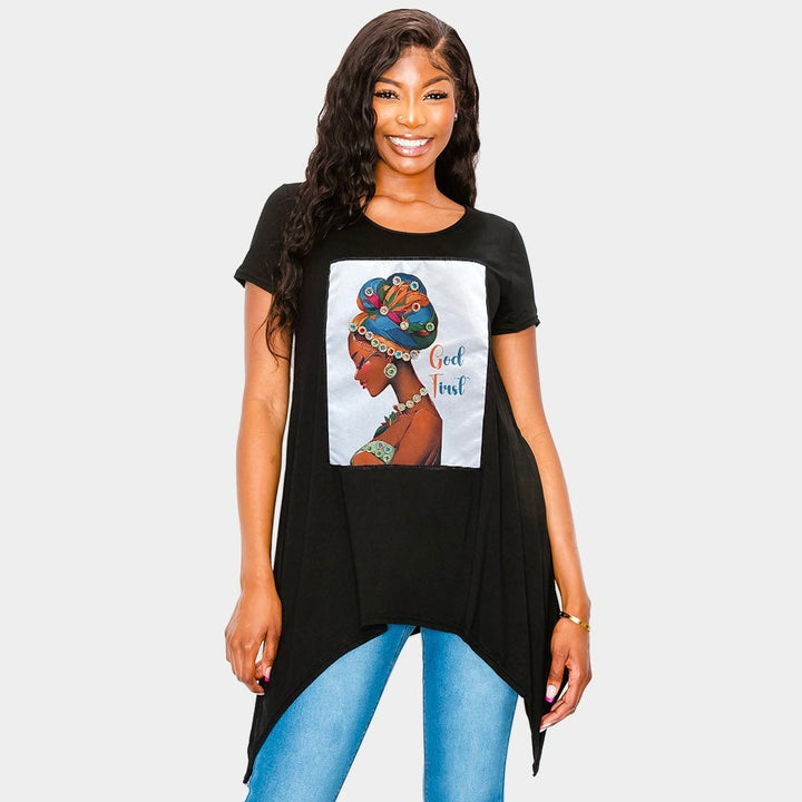 Stone Studded GOD TRUST Message Afro Woman Printed Half Sleeve Top - Especially Yours