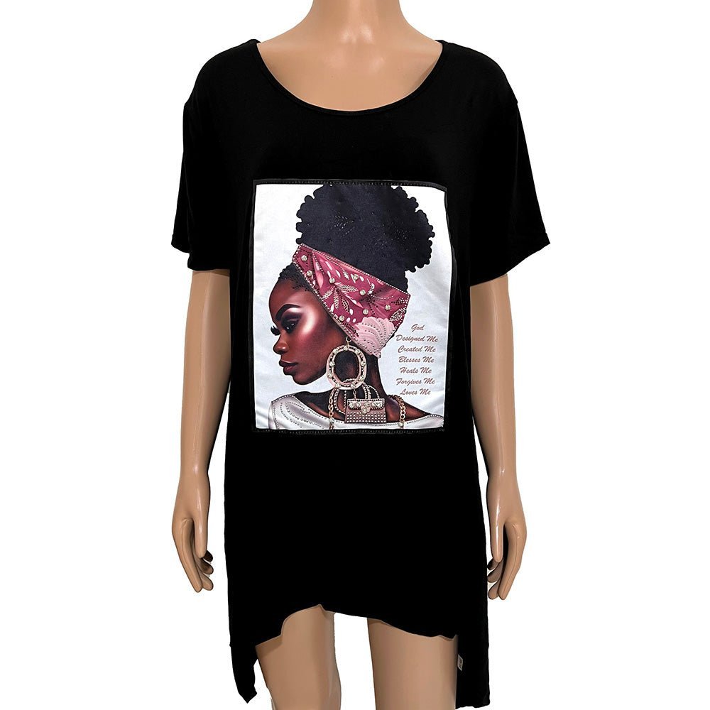 Stone Studded GOD Religious Message Afro Woman Printed Half Sleeve Top - Especially Yours