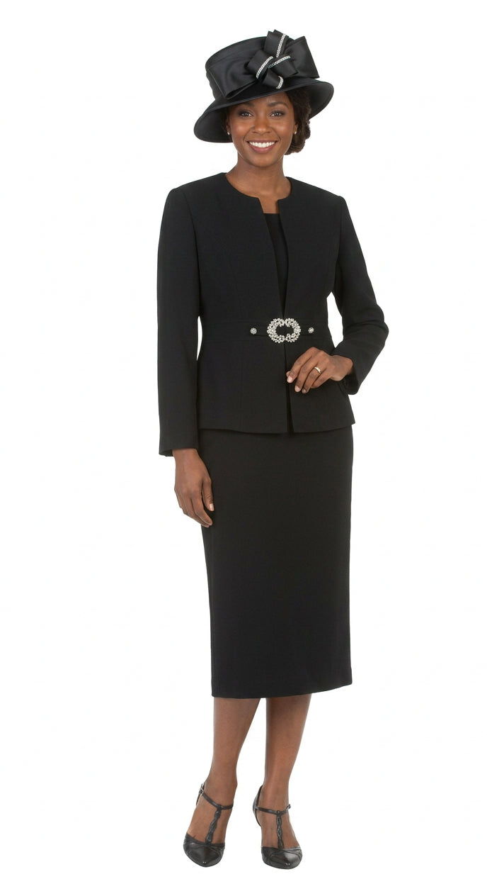 3pc Collarless Rhinestone Buckle Skirt Suit - Plus