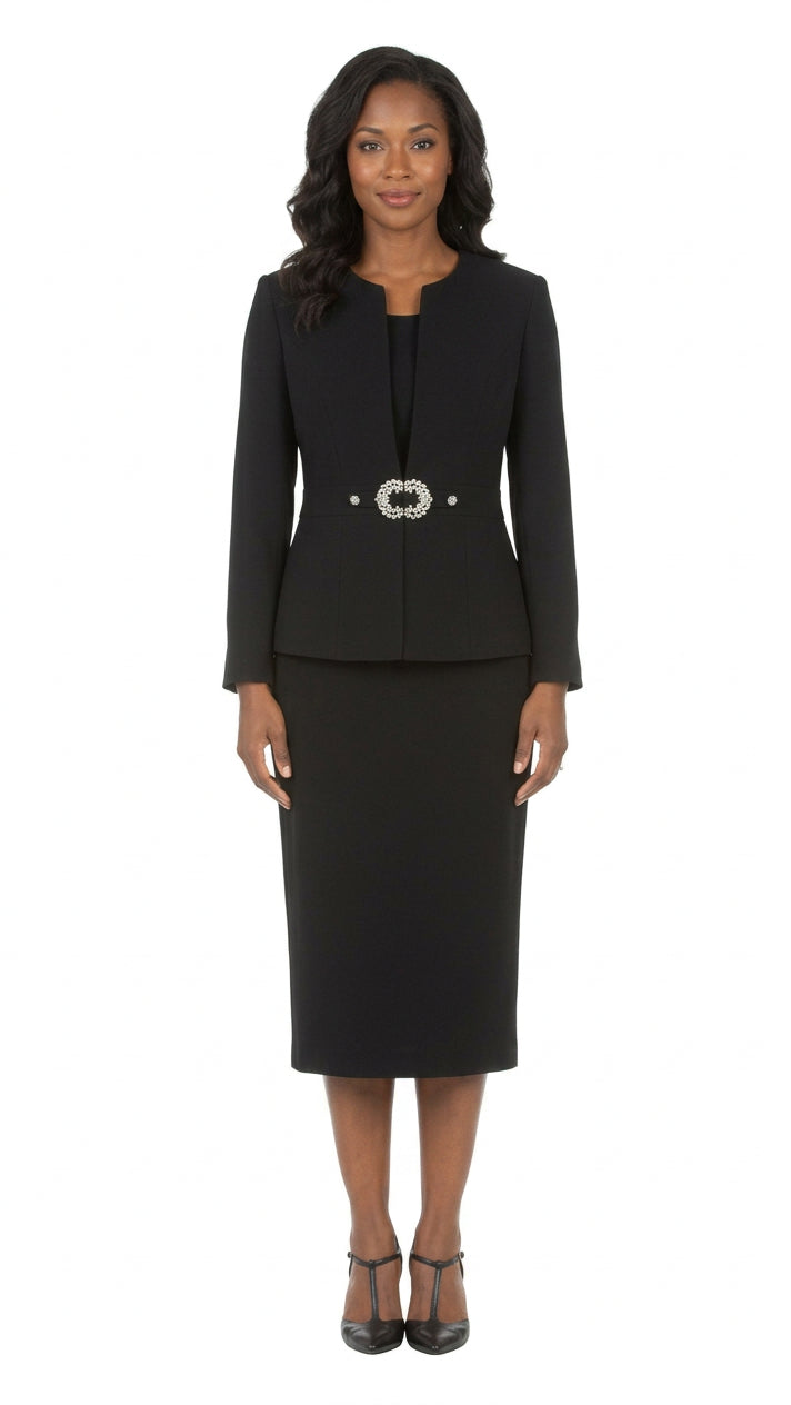 3pc Collarless Rhinestone Buckle Skirt Suit - Plus