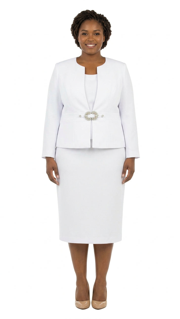 3pc Collarless Rhinestone Buckle Skirt Suit - Plus