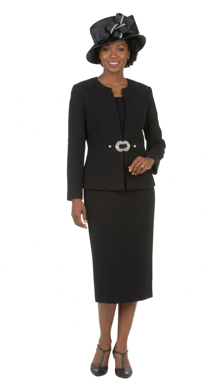 3pc Collarless Rhinestone Buckle Skirt Suit