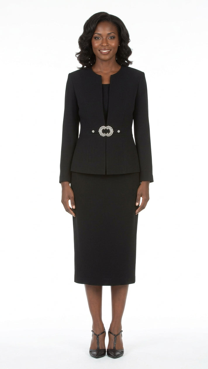 3pc Collarless Rhinestone Buckle Skirt Suit