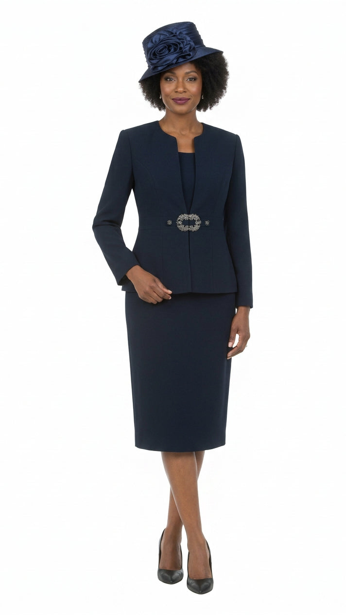 3pc Collarless Rhinestone Buckle Skirt Suit