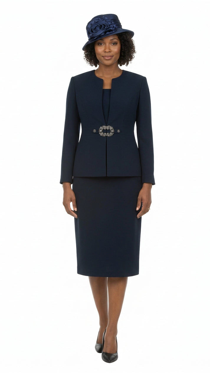 3pc Collarless Rhinestone Buckle Skirt Suit