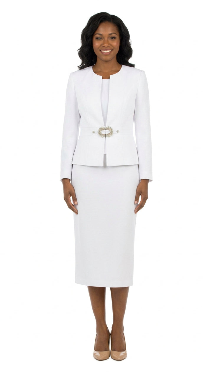 3pc Collarless Rhinestone Buckle Skirt Suit