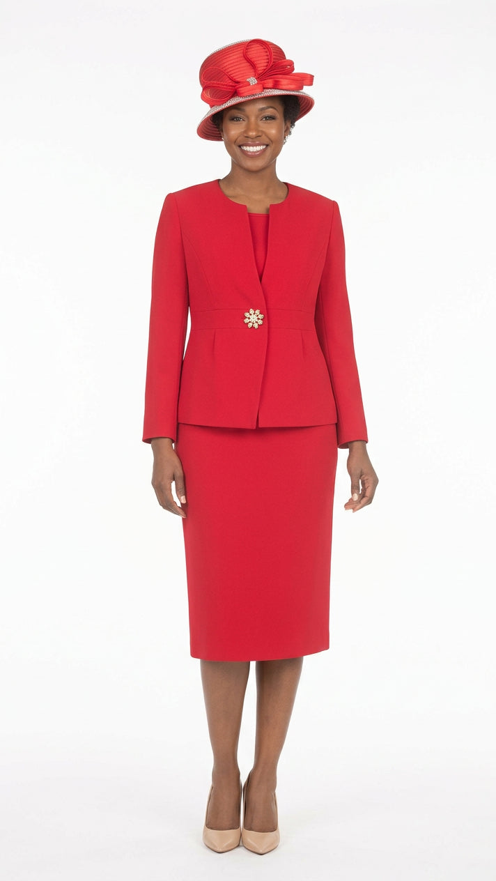 Timeless 3pc Skirt Suit with Jewel Brooch