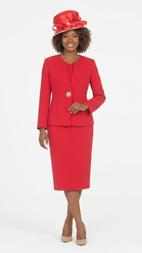 Timeless 3pc Skirt Suit with Jewel Brooch