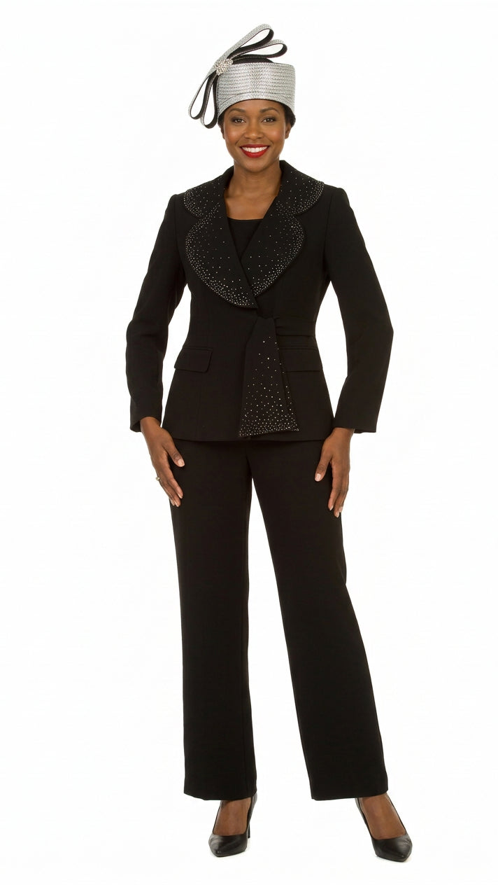 3pc Wide Collar Pants Suit with Rhinestone Detail