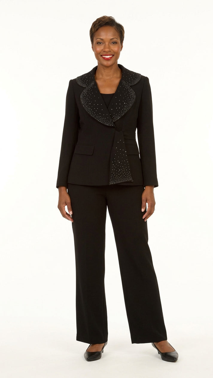 3pc Wide Collar Pants Suit with Rhinestone Detail