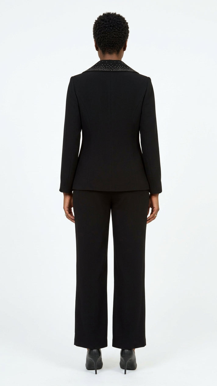 3pc Wide Collar Pants Suit with Rhinestone Detail