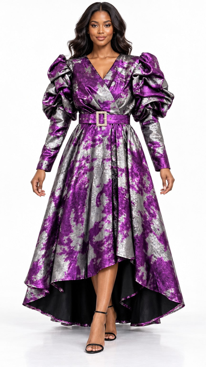 Metallic Puff-Sleeve Wrap V-neck High-Low Dress