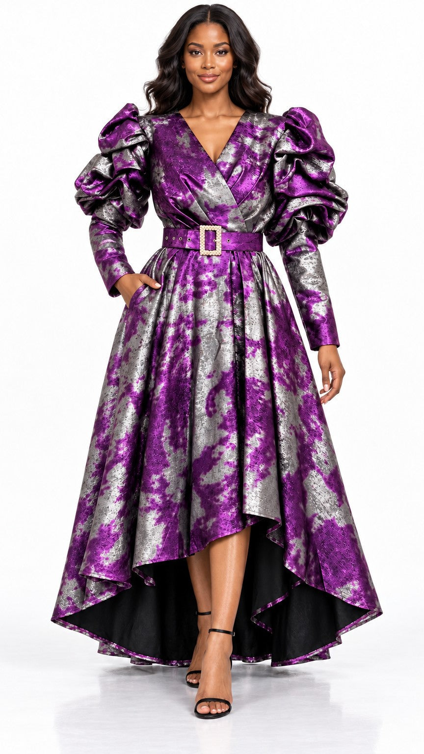 Metallic Puff-Sleeve Wrap V-neck High-Low Dress