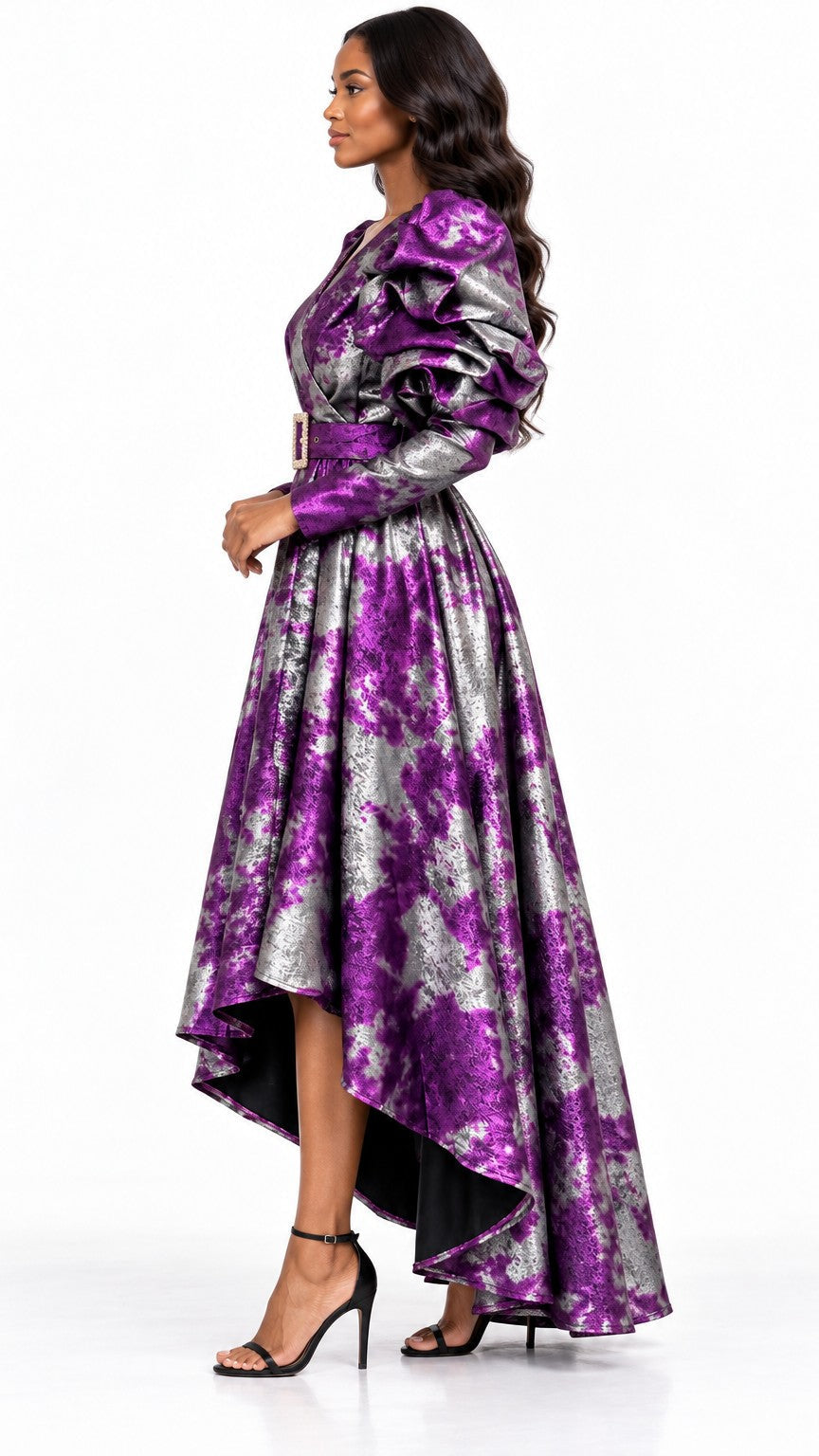 Metallic Puff-Sleeve Wrap V-neck High-Low Dress