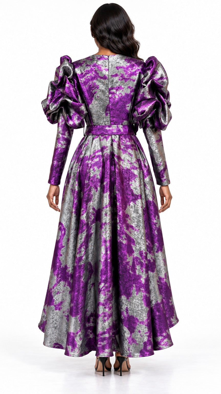 Metallic Puff-Sleeve Wrap V-neck High-Low Dress