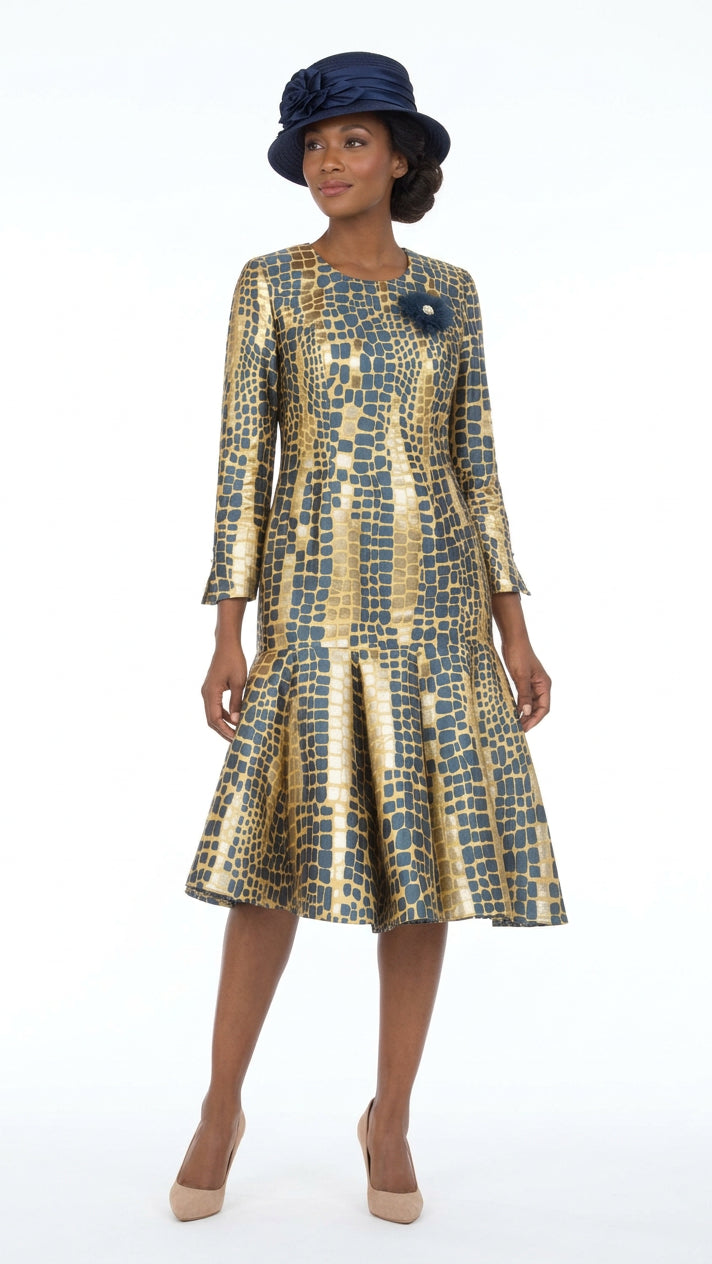 Metallic Mosaic Brocade Drop-Waist Flare Dress