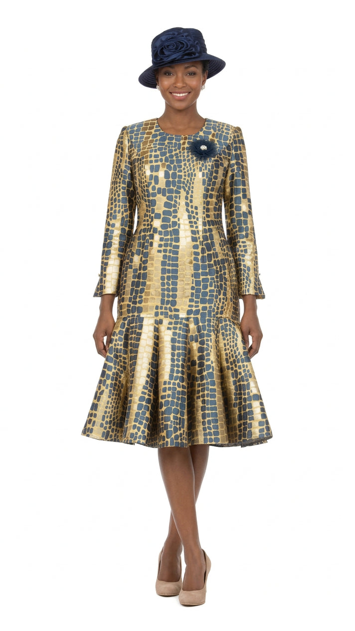 Metallic Mosaic Brocade Drop-Waist Flare Dress