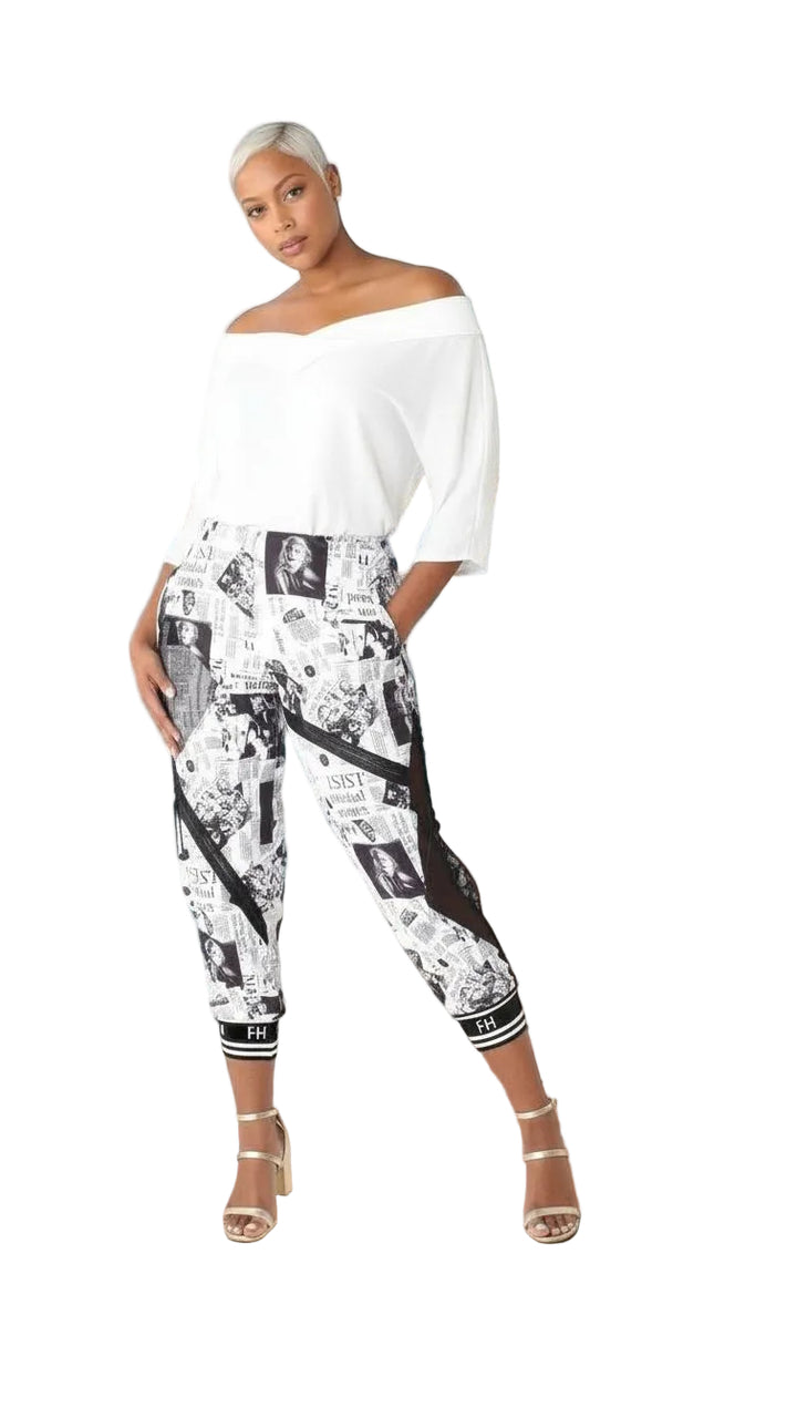 Printed Mesh Patchwork Joggers -81856