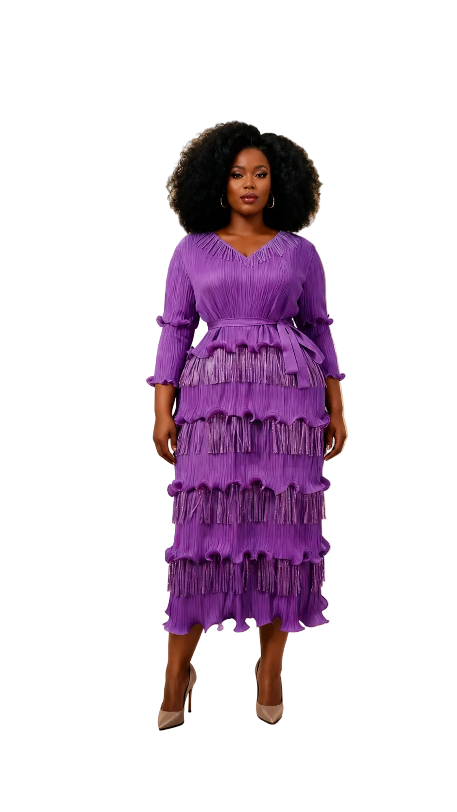 Tiered Fringe Pleated Midi Dress - 83011