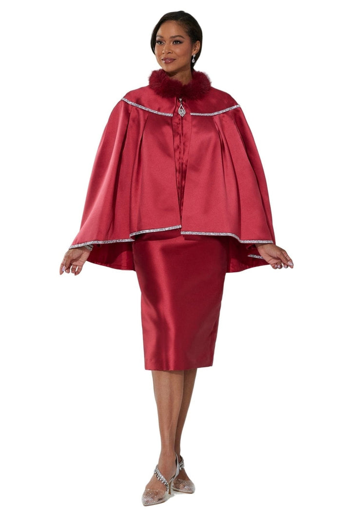 Woman wearing EY Boutique Ultimate Cape Suit in cranberry satin with faux fur collar, embellished silver trim and fitted pencil skirt – back view