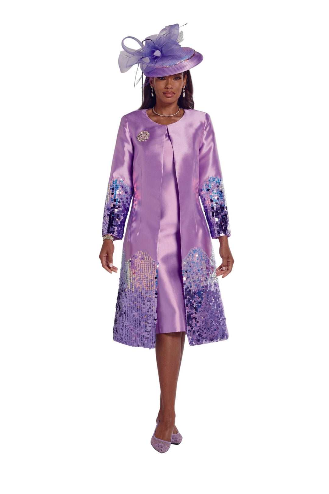 Model wearing EY Boutique celery designer church dresses for women with ombre sequins.