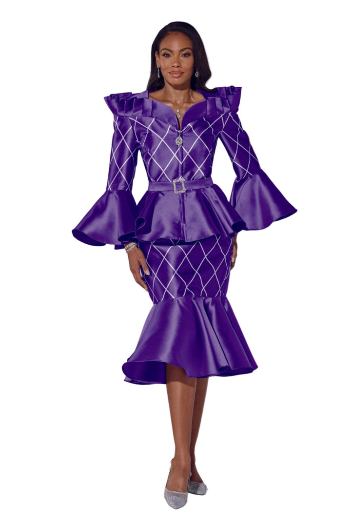 Woman wearing EY Boutique Trendy Trellis purple satin peplum suit with silver lattice print, flounce sleeves and trumpet skirt