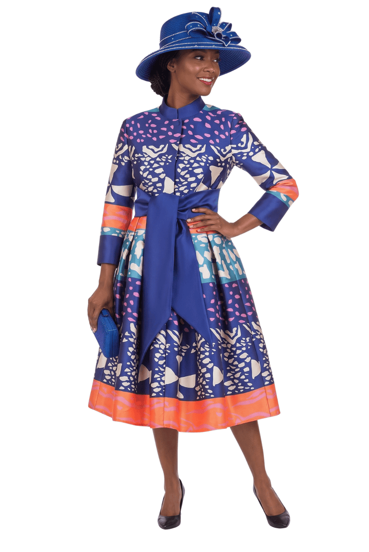 Stand Collar A-line Print Dress w/ Belt-Plus - Especially Yours