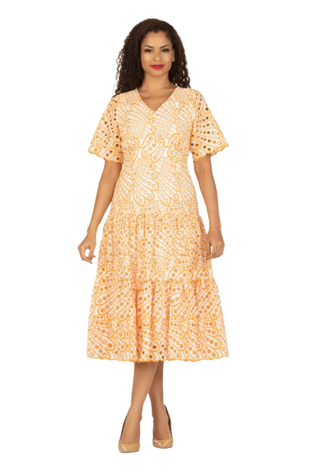 V-neck Cotton Blend A-line Tiered Eyelet Dress