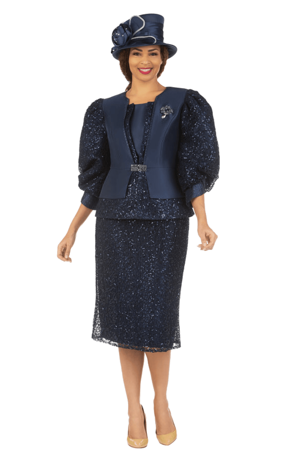 3pc Puff Slv Lace Combo Skirt Suit w/ Brooch - Especially Yours