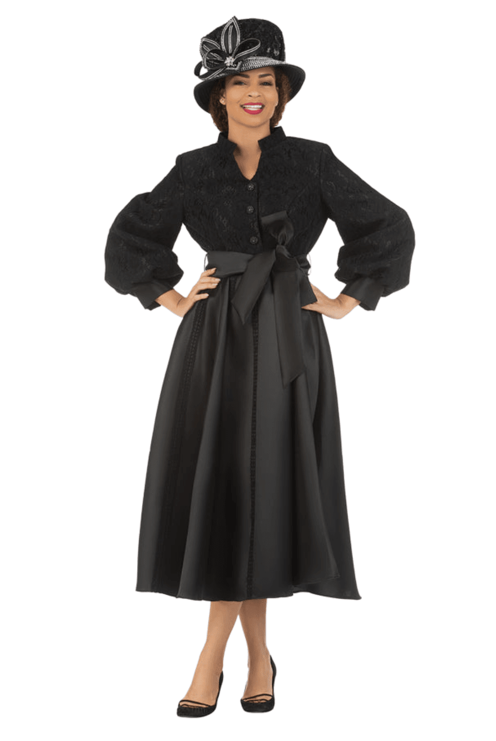 Balloon Slv Lace&Silky Twill A-line Drs w/ Belt - Especially Yours