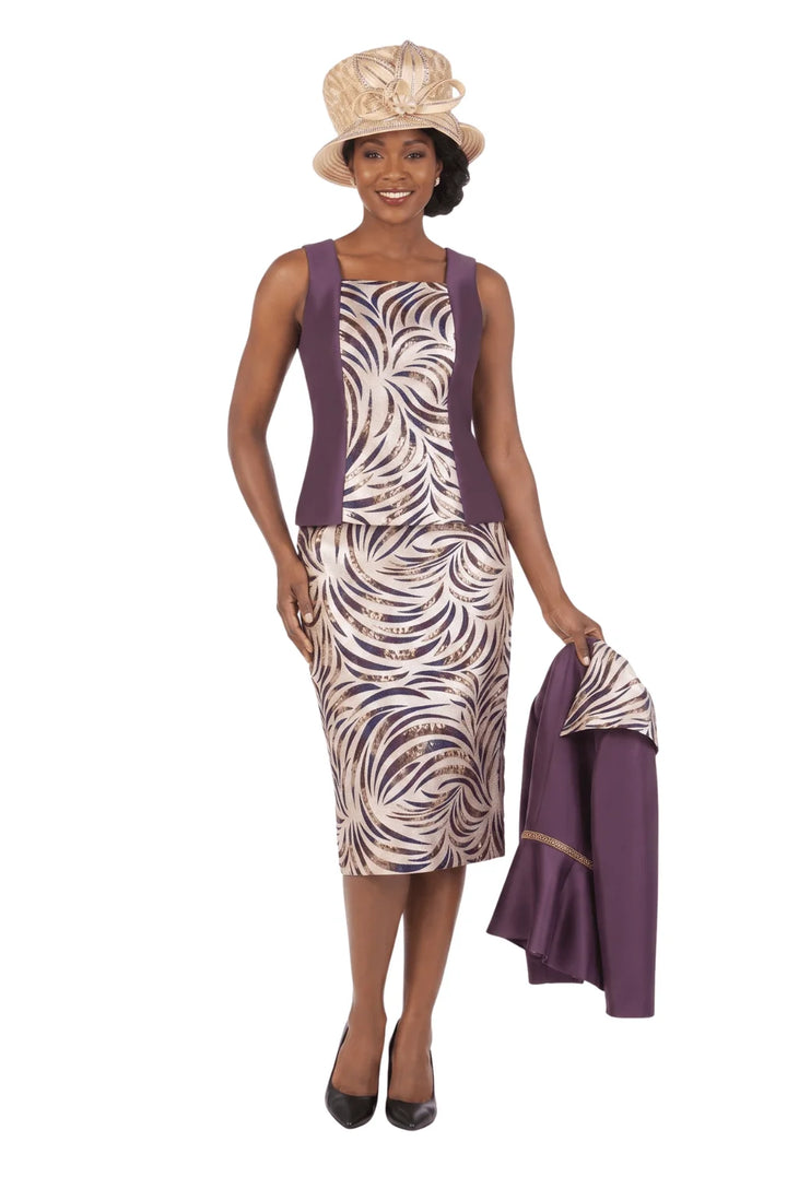 3pc Silky Twl+Brcd Skt Suit w/ Gold Waist Dtl