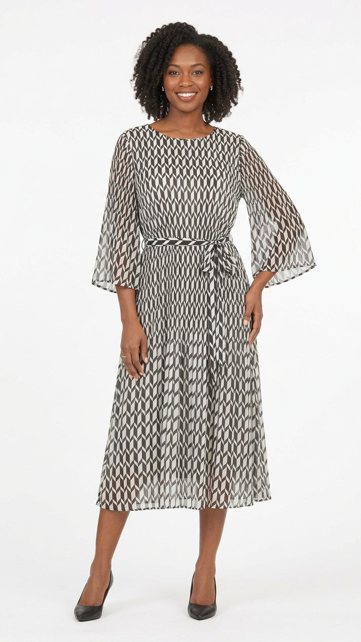 Art Deco Print Pleated Dress in Chiffon