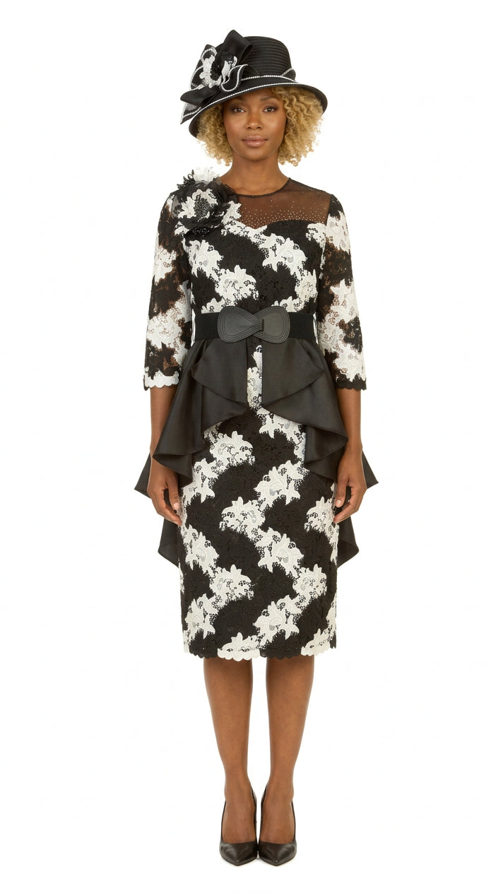 Two-Tone Lace Midi Dress w/ Ruffle Peplum&Belt