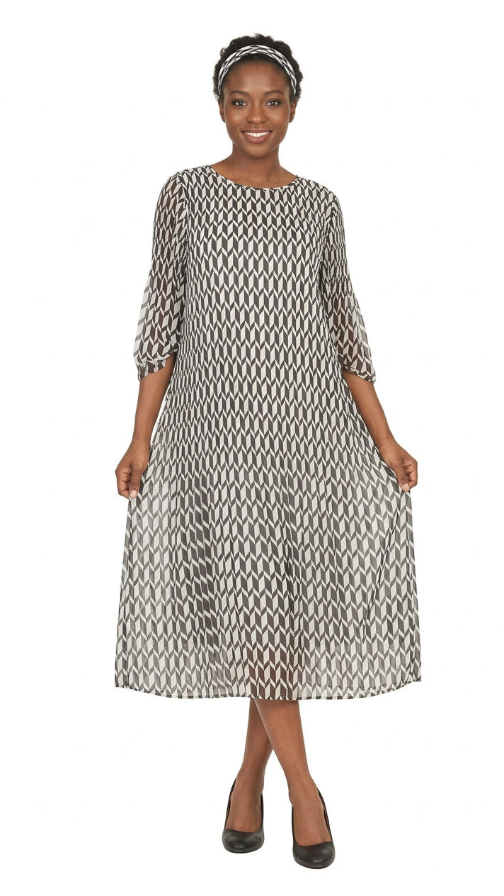 Art Deco Print Pleated Dress in Chiffon