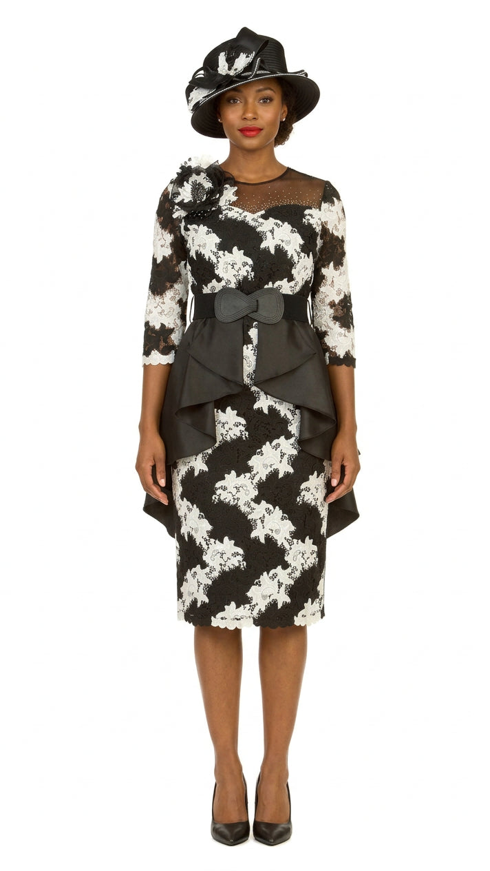 Two-Tone Lace Midi Dress w/ Ruffle Peplum&Belt