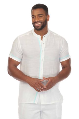 Men's Beach Mandarin Collar Button Down Two Tone Shirt Short Sleeve - Especially Yours