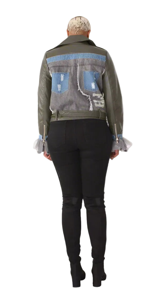 Leather Jacket with Denim Patchwork & Tulle Cuffs -81827