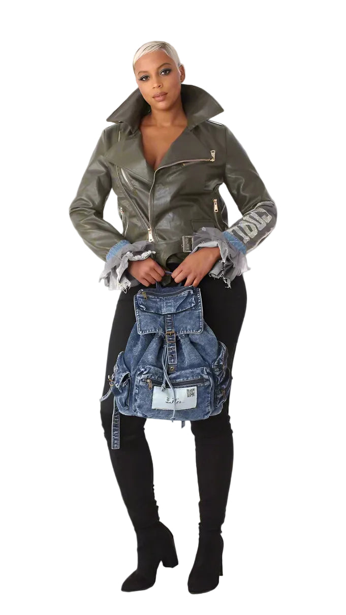 Leather Jacket with Denim Patchwork & Tulle Cuffs -81827