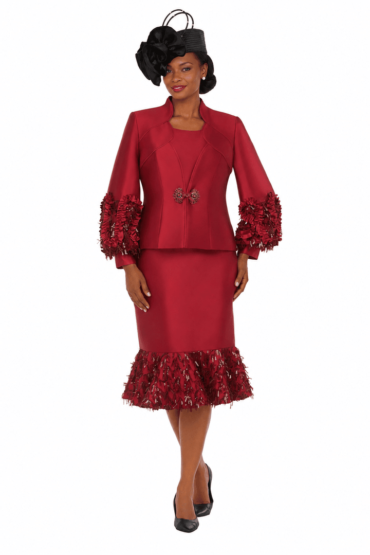 Cranberry Silky Twill Sequin-Fringe 3pc Skirt Suit - Especially Yours