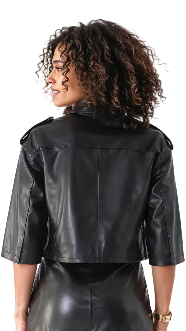 Cropped Leather Jacket with Bow Accent - 81768