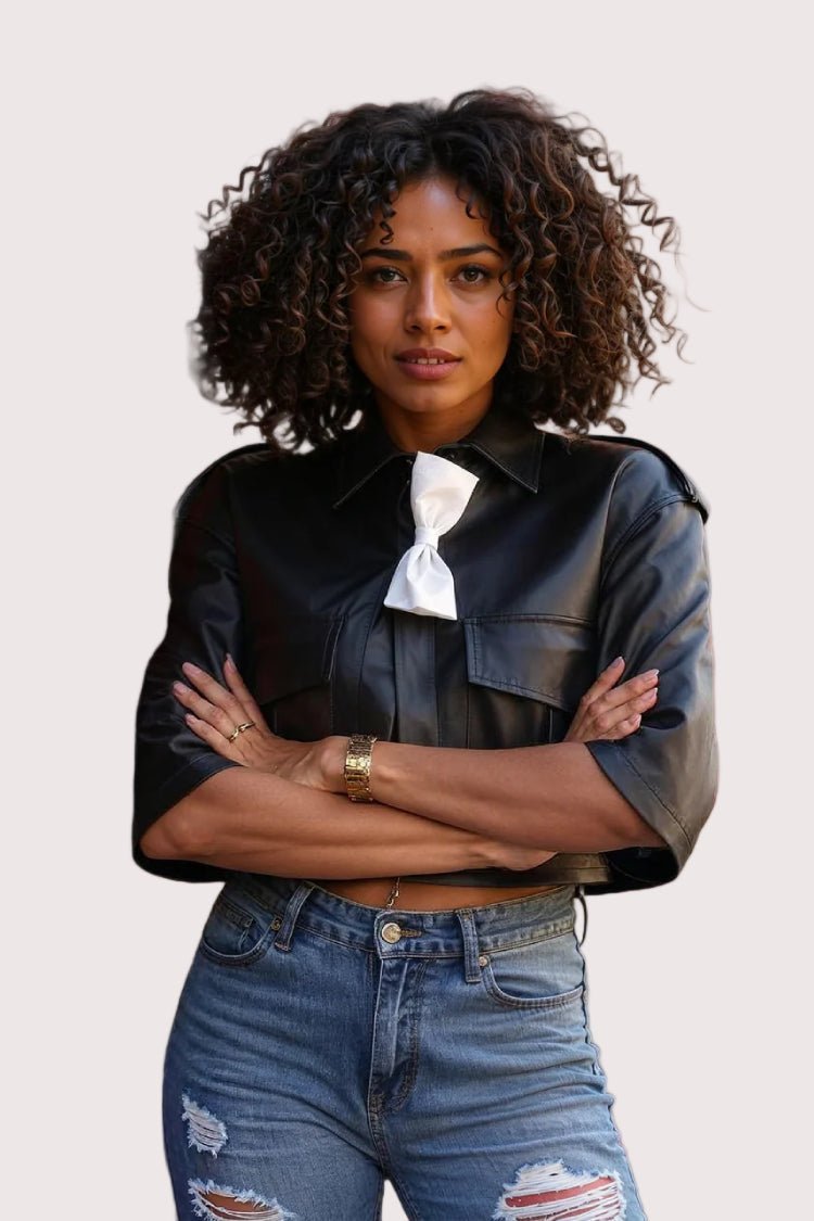 Cropped Leather Jacket with Bow Accent - 81768 - Especially Yours