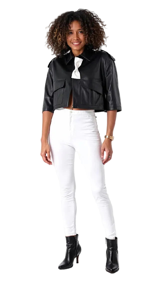 Cropped Leather Jacket with Bow Accent - 81768