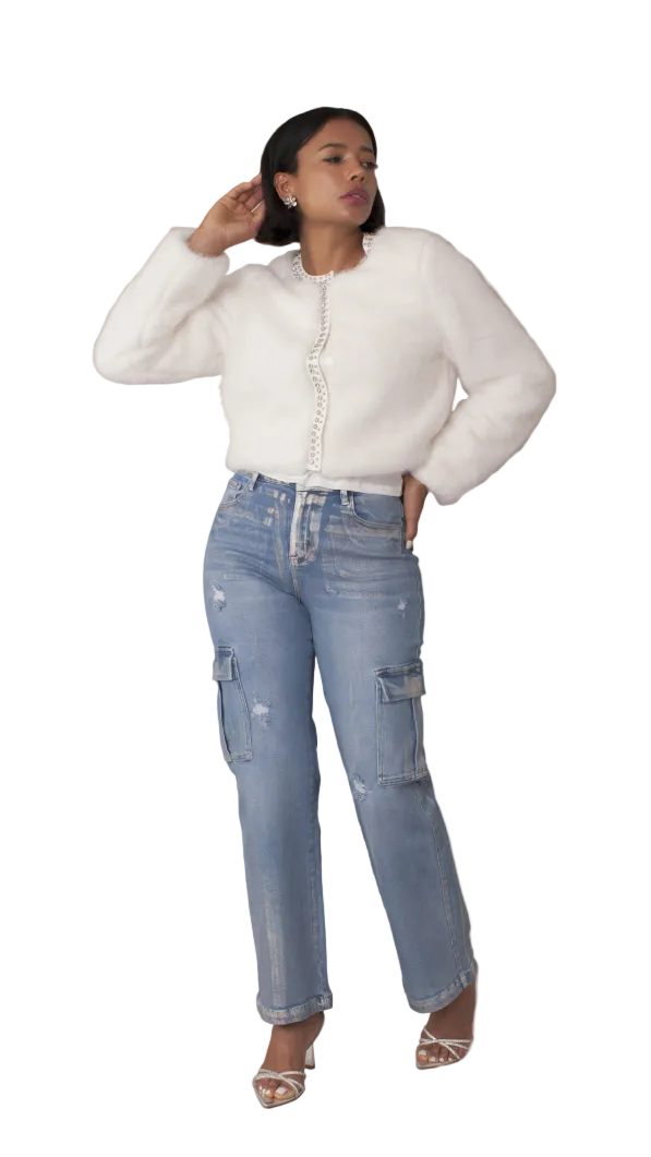 Cropped Rhinestone-Trimmed Fur Jacket -82652