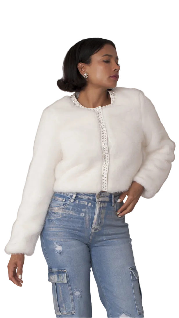 Cropped Rhinestone-Trimmed Fur Jacket -82652