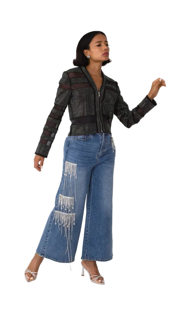 Crystal Cascade Wide-Leg Denim -82513