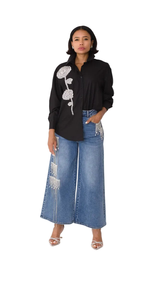 Crystal Cascade Wide-Leg Denim -82513