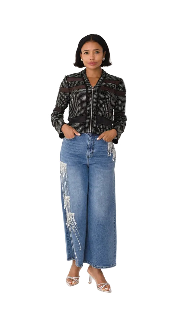 Crystal Cascade Wide-Leg Denim -82513
