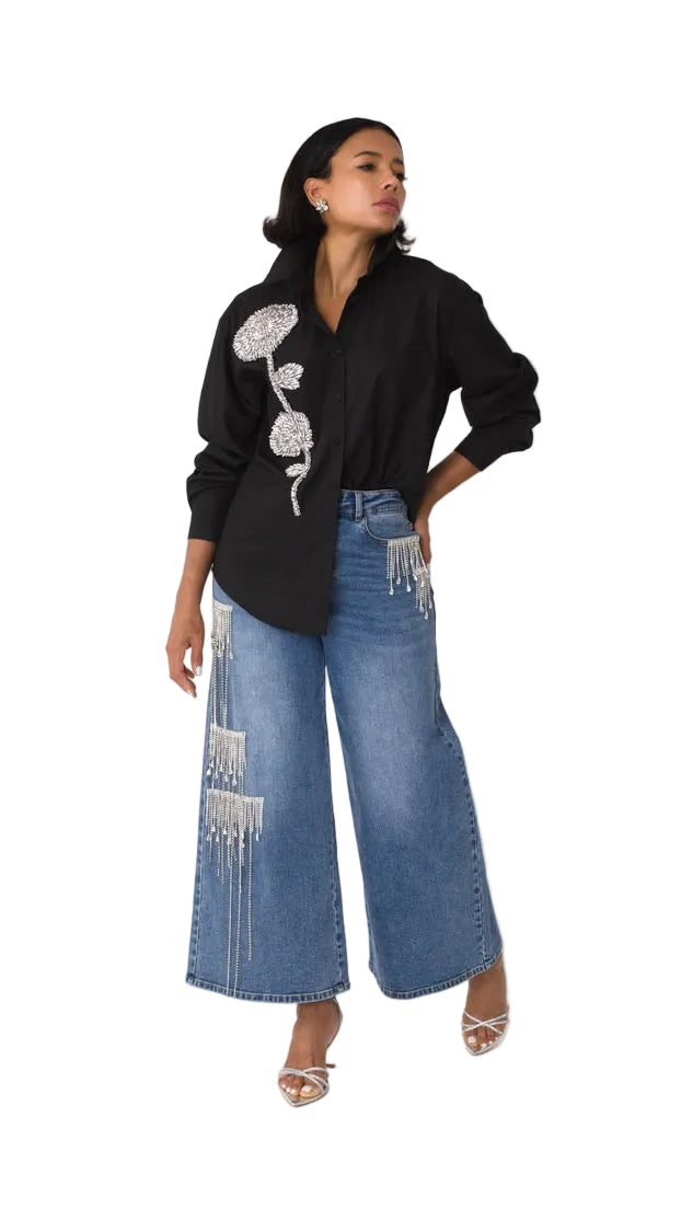Crystal Cascade Wide-Leg Denim -82513