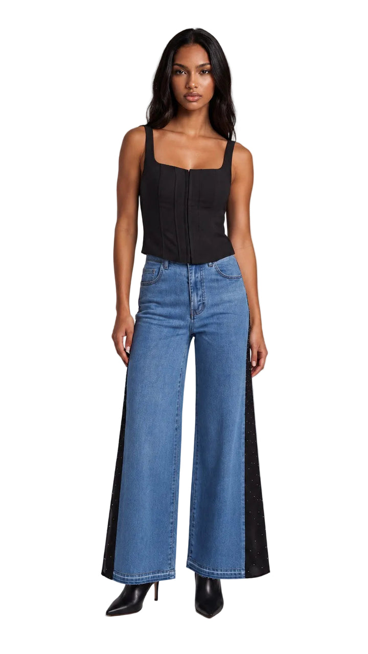 Crystal Drape Panel Denim Jeans - 83334