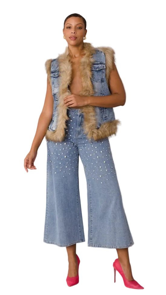 Denim Vest with Faux Fur Trim - 82007